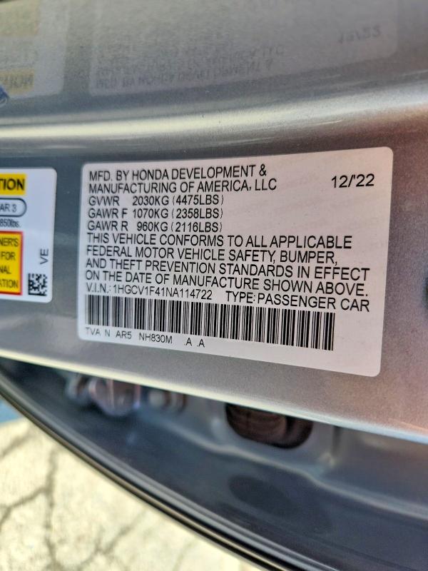 58366826 :رقم المزاد ، 1HGCV1F41NA114722 vin ، 2022 Honda Accord مزاد بيع