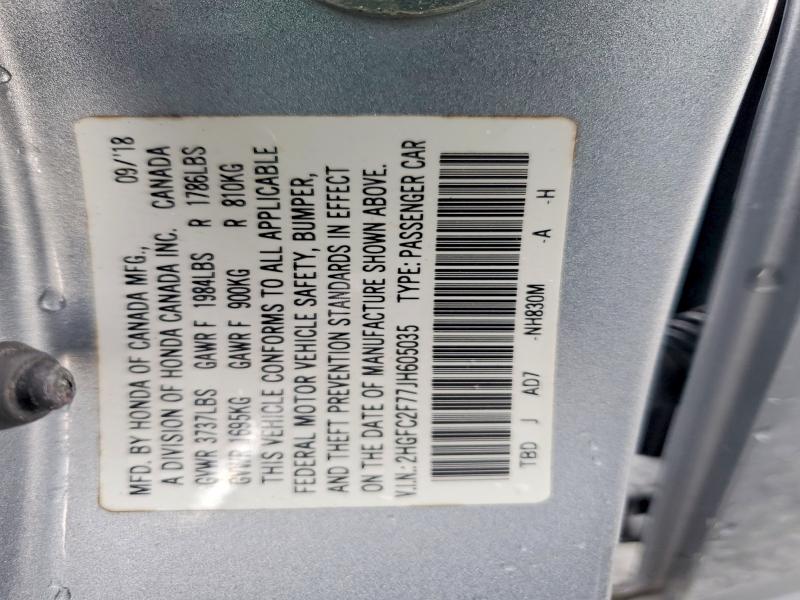 Продажа на аукционе авто 2018 Honda Civic, vin: 2HGFC2F77JH605035, номер лота: 60055396