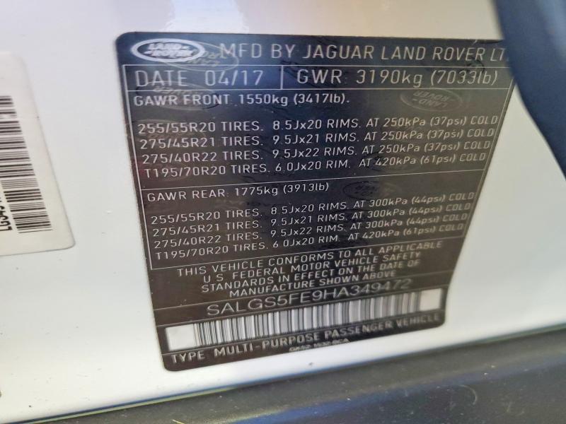2017 Land Rover Range Rover მანქანა იყიდება აუქციონზე, vin: SALGS5FE9HA349472, აუქციონის ნომერი: 62065786
