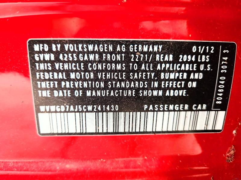 62960756 :رقم المزاد ، WVWGD7AJ5CW241430 vin ، 2012 Volkswagen Gti مزاد بيع