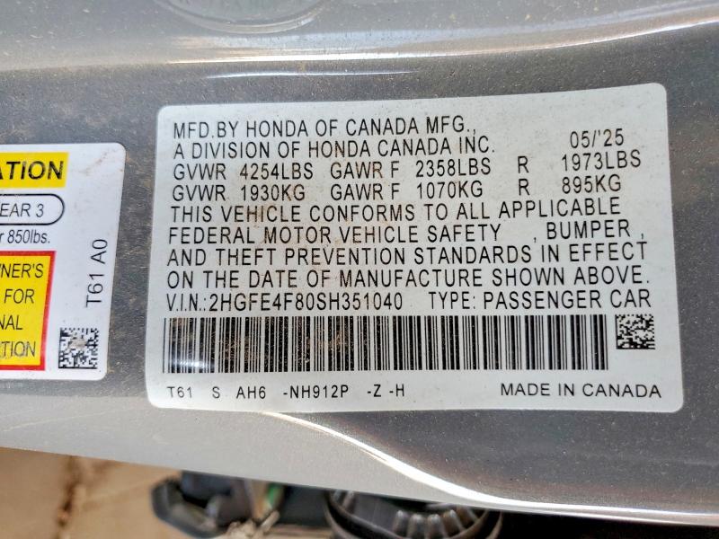 61436626 :رقم المزاد ، 2HGFE4F80SH351040 vin ، 2025 Honda Civic مزاد بيع