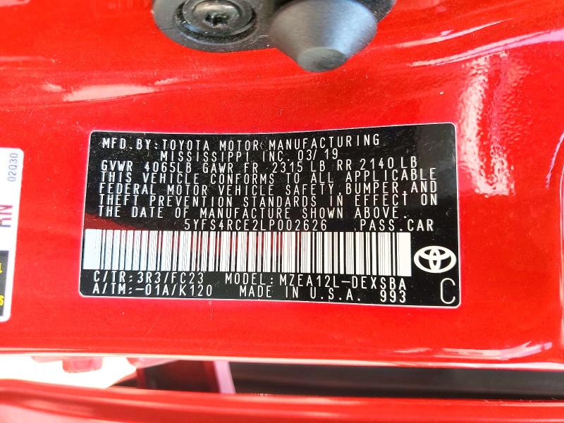 Продажа на аукционе авто 2020 Toyota Corolla, vin: 5YFS4RCE2LP002626, номер лота: 62255456