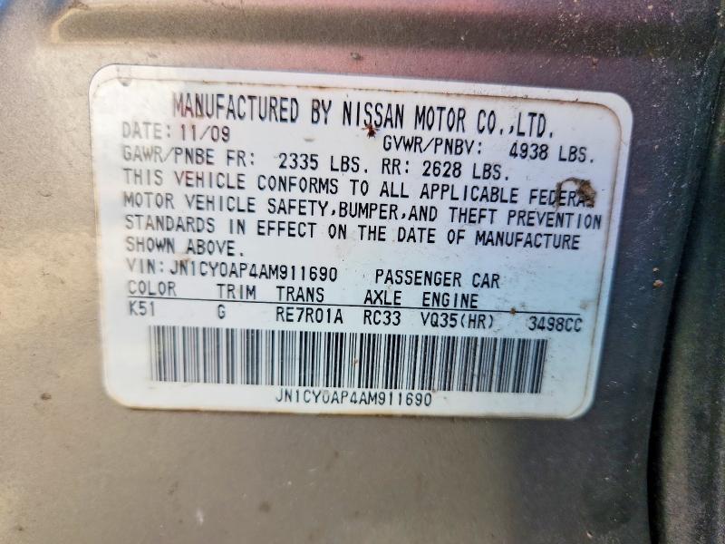 59703696 :رقم المزاد ، JN1CY0AP4AM911690 vin ، 2010 Infiniti M35 مزاد بيع