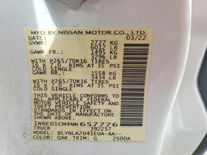 2022 Nissan Frontier მანქანა იყიდება აუქციონზე, vin: 1N6ED1CM4NN657776, აუქციონის ნომერი: 61343206