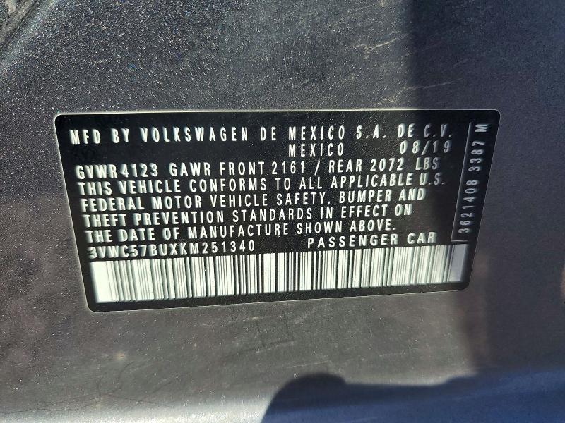 60791186 :رقم المزاد ، 3VWC57BUXKM251340 vin ، 2019 Volkswagen Jetta مزاد بيع