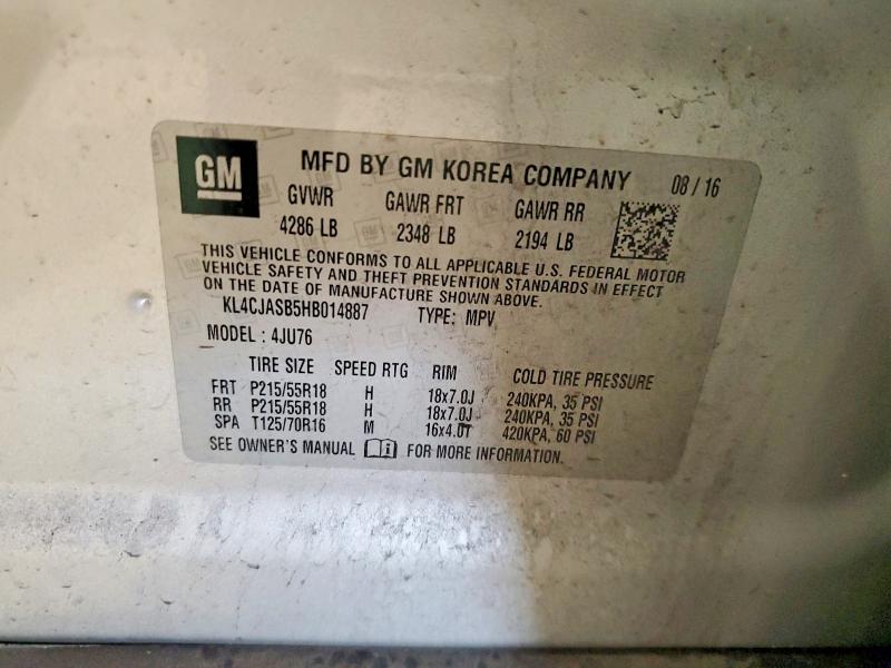 2017 Buick Encore მანქანა იყიდება აუქციონზე, vin: KL4CJASB5HB014887, აუქციონის ნომერი: 60250726