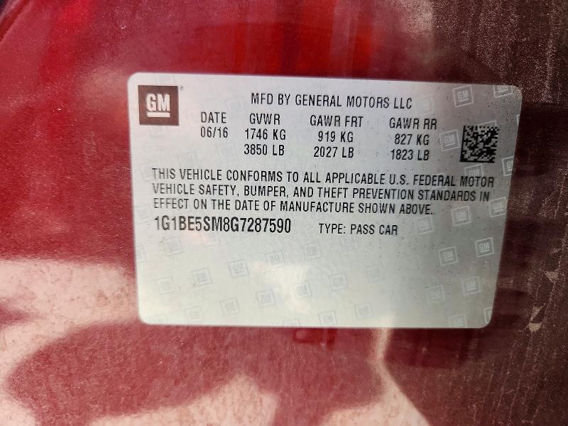 2016 Chevrolet Cruze მანქანა იყიდება აუქციონზე, vin: 1G1BE5SM8G7287590, აუქციონის ნომერი: 59691116