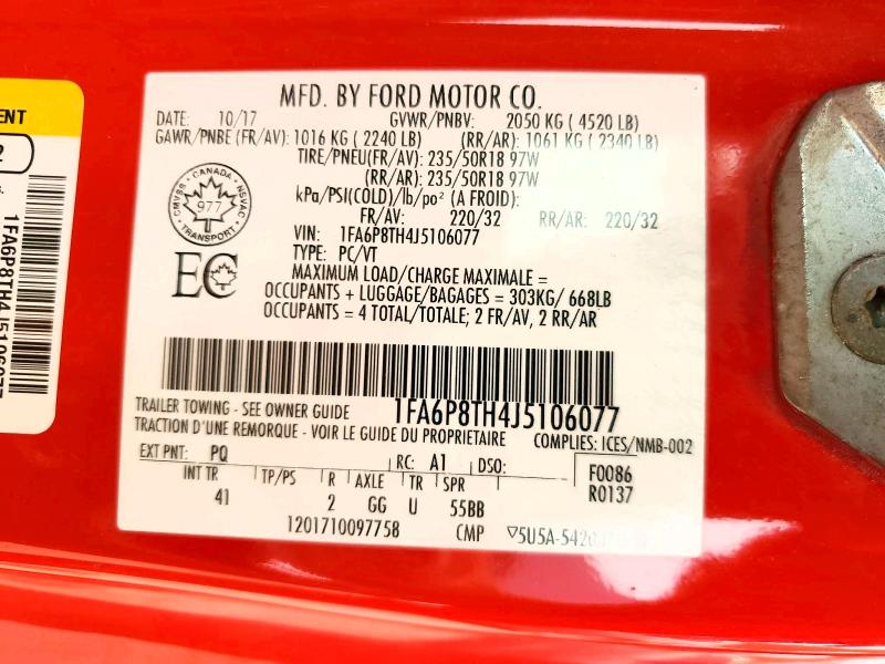 2018 Ford Mustang მანქანა იყიდება აუქციონზე, vin: 1FA6P8TH4J5106077, აუქციონის ნომერი: 60879756