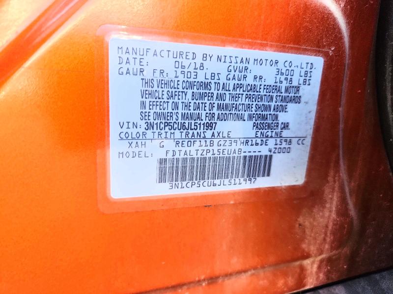 2018 Nissan Kicks მანქანა იყიდება აუქციონზე, vin: 3N1CP5CU6JL511997, აუქციონის ნომერი: 61174236