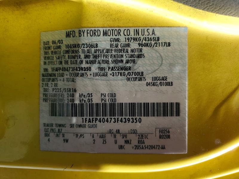 2003 Ford Mustang მანქანა იყიდება აუქციონზე, vin: 1FAFP40473F439350, აუქციონის ნომერი: 61057636