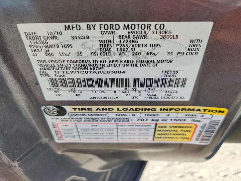 Aukcja sprzedaży 2010 Ford F150, vin: 1FTEW1C87AKE63884, numer aukcji: 60977146