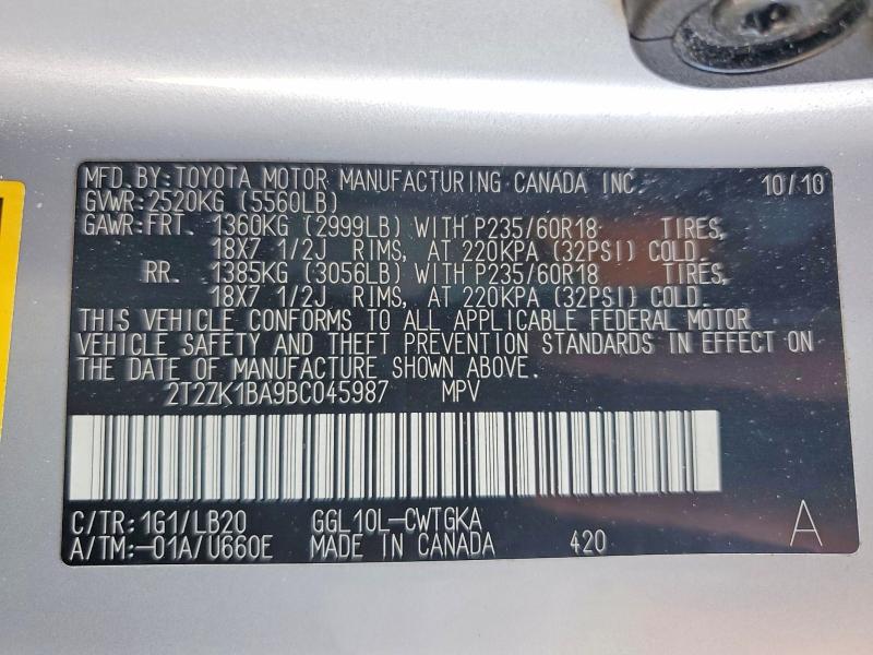 61750196 :رقم المزاد ، 2T2ZK1BA9BC045987 vin ، 2011 Lexus Rx مزاد بيع