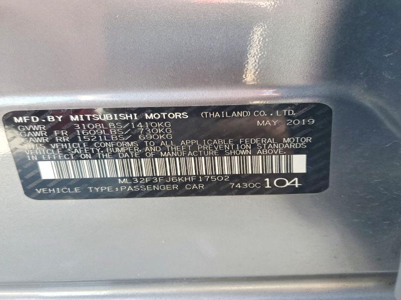 59578846 :رقم المزاد ، ML32F3FJ6KHF17502 vin ، 2019 Mitsubishi Mirage مزاد بيع