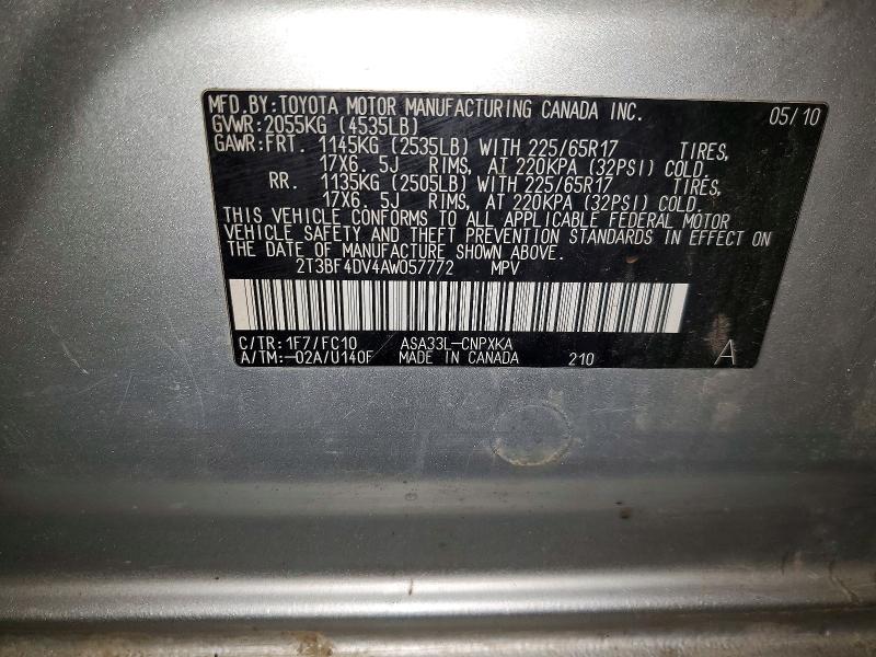 Aukcja sprzedaży 2010 Toyota Rav4, vin: 2T3BF4DV4AW057772, numer aukcji: 61440976