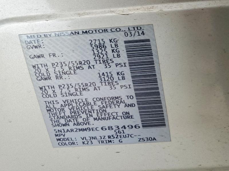 62121856 :رقم المزاد ، 5N1AR2MM9EC683496 vin ، 2014 Nissan Pathfinder مزاد بيع