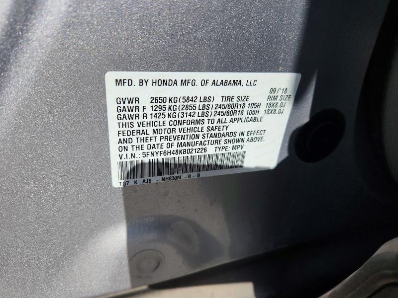 61009956 :رقم المزاد ، 5FNYF6H48KB021226 vin ، 2019 Honda Pilot مزاد بيع