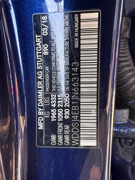 2018 Mercedes-benz Cla მანქანა იყიდება აუქციონზე, vin: WDDSJ4EB1JN663143, აუქციონის ნომერი: 61631806