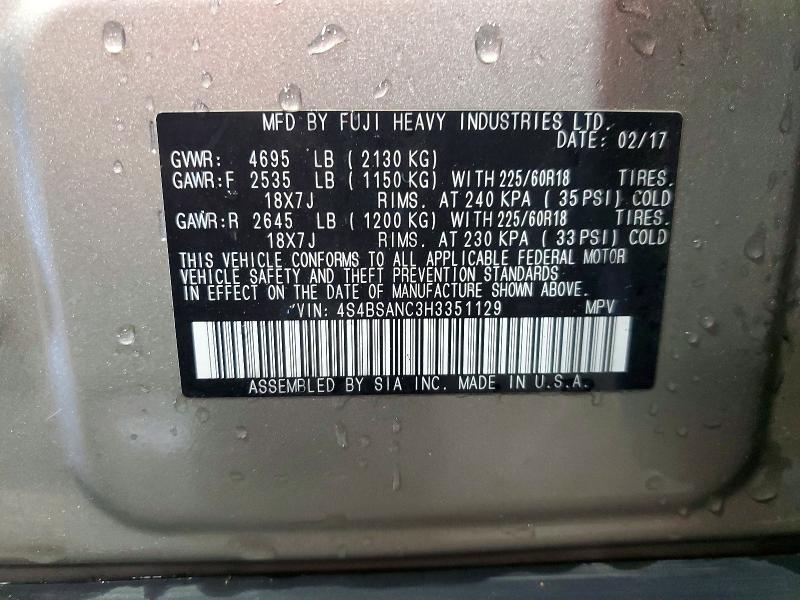 Aukcja sprzedaży 2017 Subaru Outback, vin: 4S4BSANC3H3351129, numer aukcji: 60933516