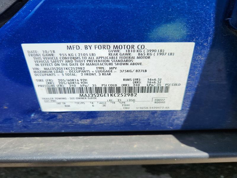 Продаж на аукціоні авто 2019 Ford Ecosport, vin: MAJ3S2GE1KC252982, номер лоту: 60825616