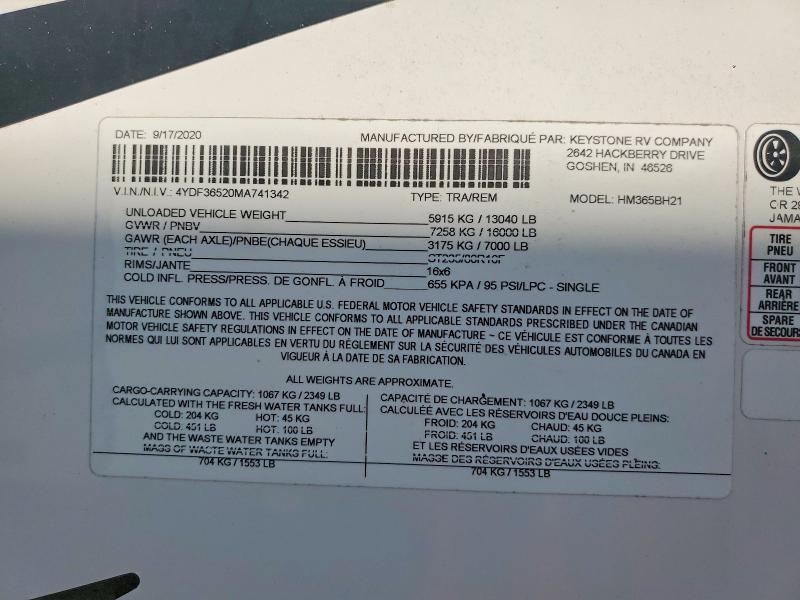 61494626 :رقم المزاد ، 4YDF36520MA741342 vin ، 2021 Keystone Montana مزاد بيع