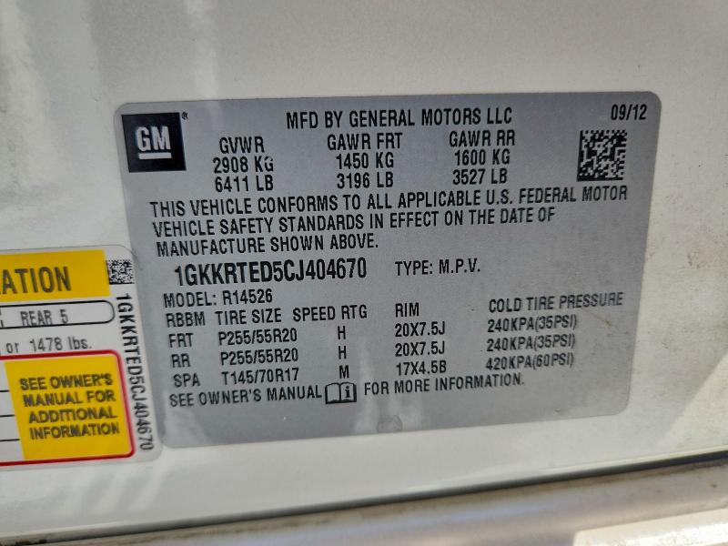 Aukcja sprzedaży 2012 Gmc Acadia, vin: 1GKKRTED5CJ404670, numer aukcji: 60784776