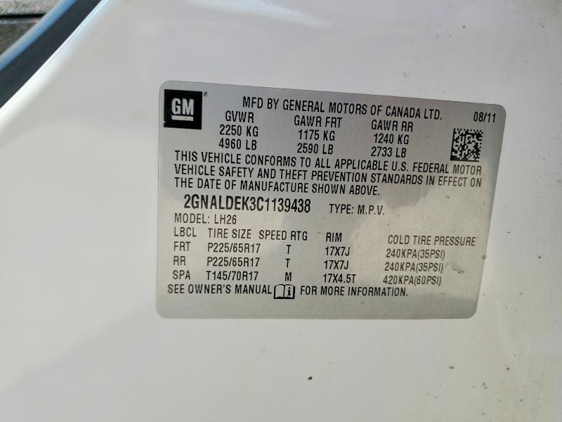 62319346 :رقم المزاد ، 2GNALDEK3C1139438 vin ، 2012 Chevrolet Equinox مزاد بيع
