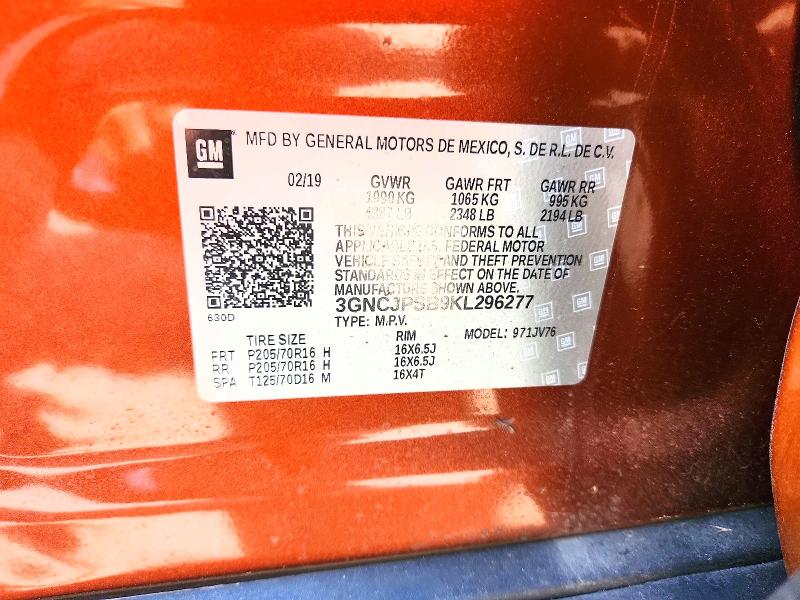 Aukcja sprzedaży 2019 Chevrolet Trax, vin: 3GNCJPSB9KL296277, numer aukcji: 59968896