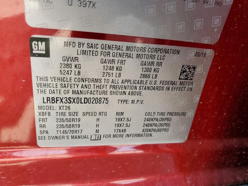 60033456 :رقم المزاد ، LRBFX3SX0LD020875 vin ، 2020 Buick Envision مزاد بيع