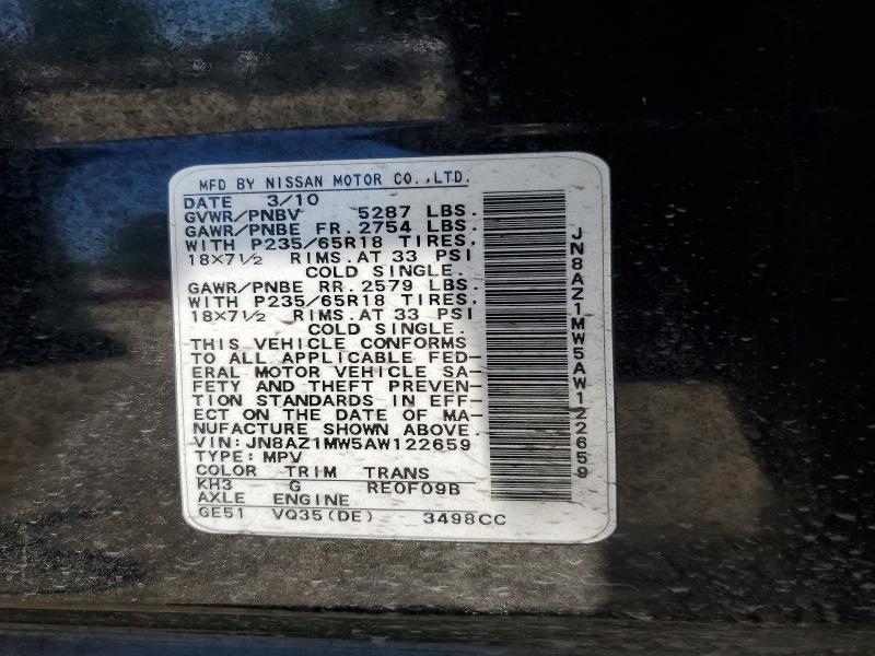 Продажа на аукционе авто 2010 Nissan Murano, vin: JN8AZ1MW5AW122659, номер лота: 59402416