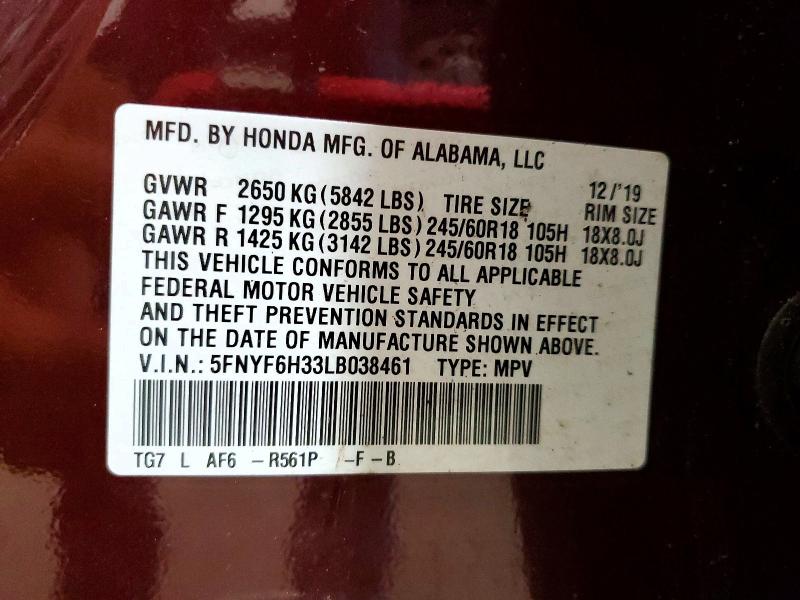 2020 Honda Pilot მანქანა იყიდება აუქციონზე, vin: 5FNYF6H33LB038461, აუქციონის ნომერი: 59842326