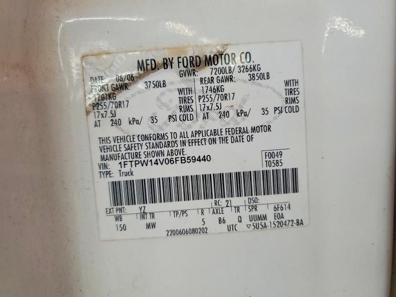 2006 Ford F150 მანქანა იყიდება აუქციონზე, vin: 1FTPW14V06FB59440, აუქციონის ნომერი: 61392706