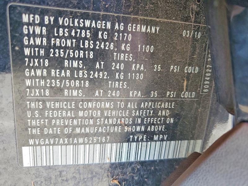 Aukcja sprzedaży 2010 Volkswagen Tiguan, vin: WVGAV7AX1AW525167, numer aukcji: 62897966