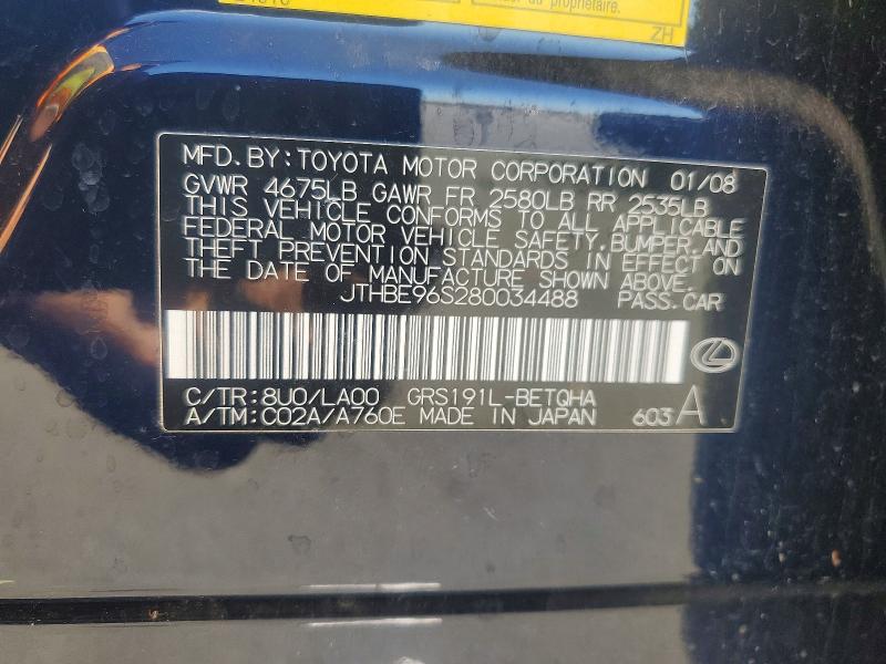 2008 Lexus Gs მანქანა იყიდება აუქციონზე, vin: JTHBE96S280034488, აუქციონის ნომერი: 61605306