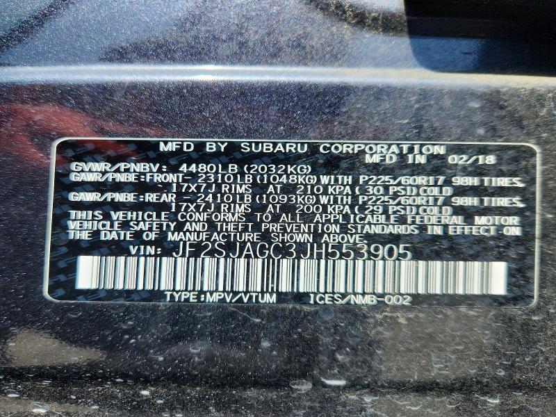2018 Subaru Forester მანქანა იყიდება აუქციონზე, vin: JF2SJAGC3JH553905, აუქციონის ნომერი: 61776046
