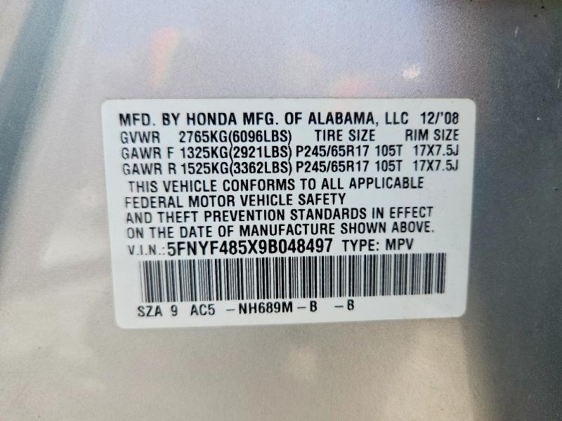 2009 Honda Pilot მანქანა იყიდება აუქციონზე, vin: 5FNYF485X9B048497, აუქციონის ნომერი: 63020006