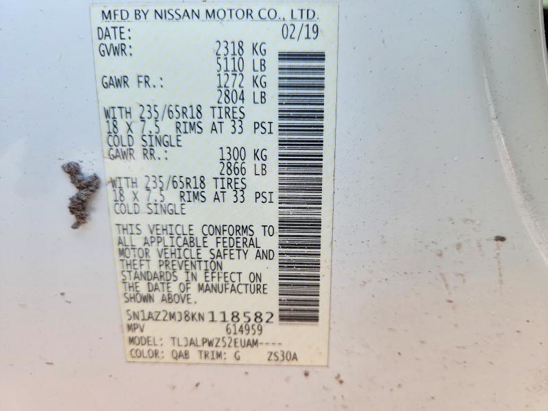 61205946 :رقم المزاد ، 5N1AZ2MJ8KN118582 vin ، 2019 Nissan Murano مزاد بيع