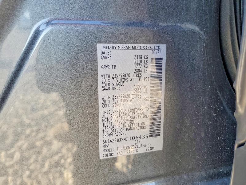 61704306 :رقم المزاد ، 5N1AZ2BJXMC106435 vin ، 2021 Nissan Murano مزاد بيع