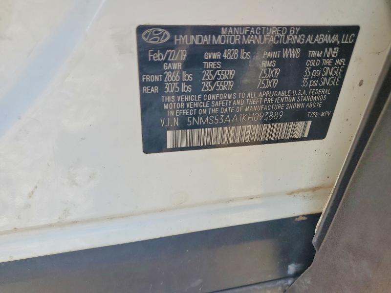 2019 Hyundai Santa Fe მანქანა იყიდება აუქციონზე, vin: 5NMS53AA1KH093889, აუქციონის ნომერი: 59731666