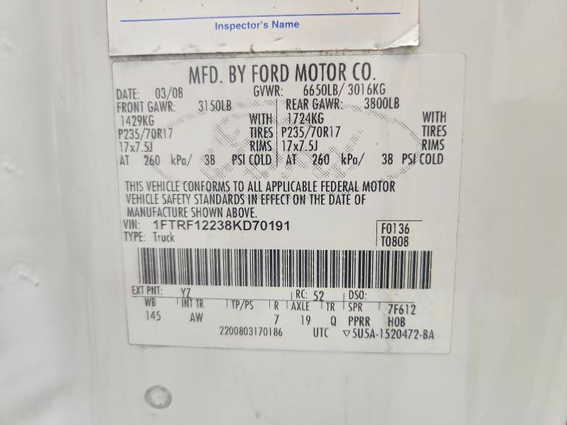 2008 Ford F150 მანქანა იყიდება აუქციონზე, vin: 1FTRF12238KD70191, აუქციონის ნომერი: 60641276