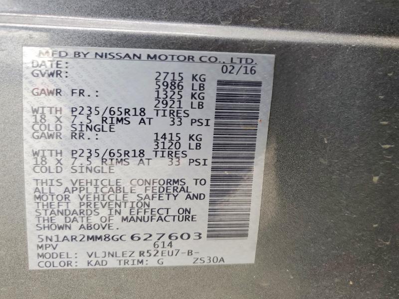 Продаж на аукціоні авто 2016 Nissan Pathfinder, vin: 5N1AR2MM8GC627603, номер лоту: 62078786