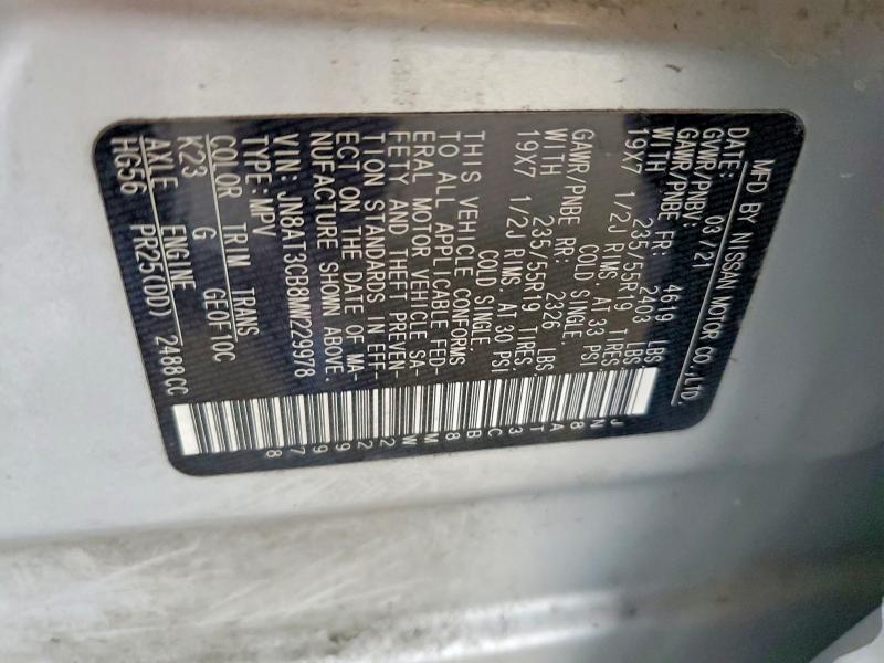 2021 Nissan Rogue მანქანა იყიდება აუქციონზე, vin: JN8AT3CB8MW229978, აუქციონის ნომერი: 61433376