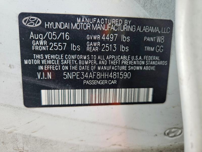 2017 Hyundai Sonata მანქანა იყიდება აუქციონზე, vin: 5NPE34AF8HH481590, აუქციონის ნომერი: 60525736