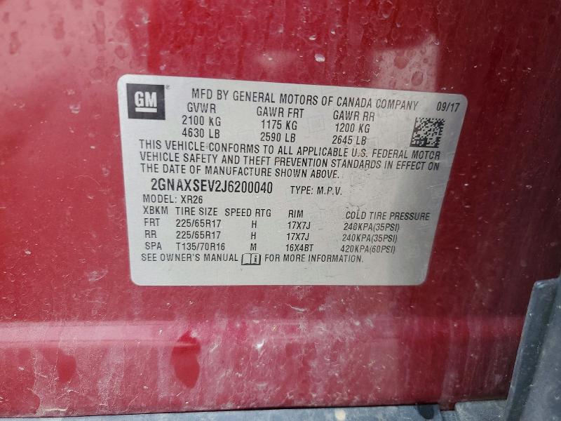 Продаж на аукціоні авто 2018 Chevrolet Equinox, vin: 2GNAXSEV2J6200040, номер лоту: 59578666