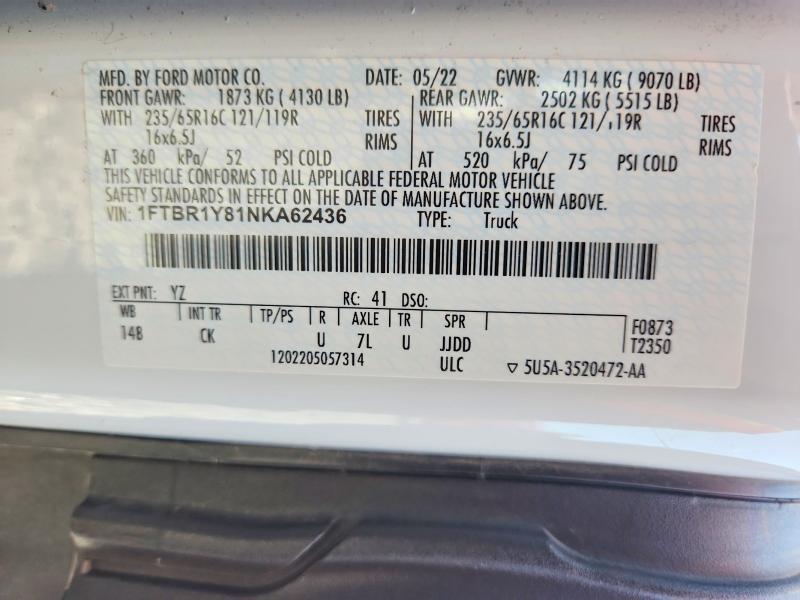62424126 :رقم المزاد ، 1FTBR1Y81NKA62436 vin ، 2022 Ford Transit مزاد بيع
