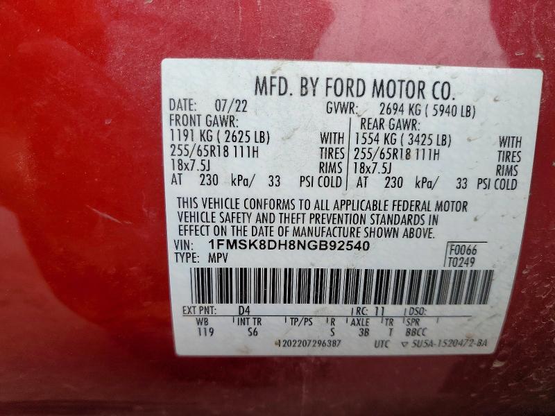 Auction sale of the 2022 Ford Explorer, vin: 1FMSK8DH8NGB92540, lot number: 62436556