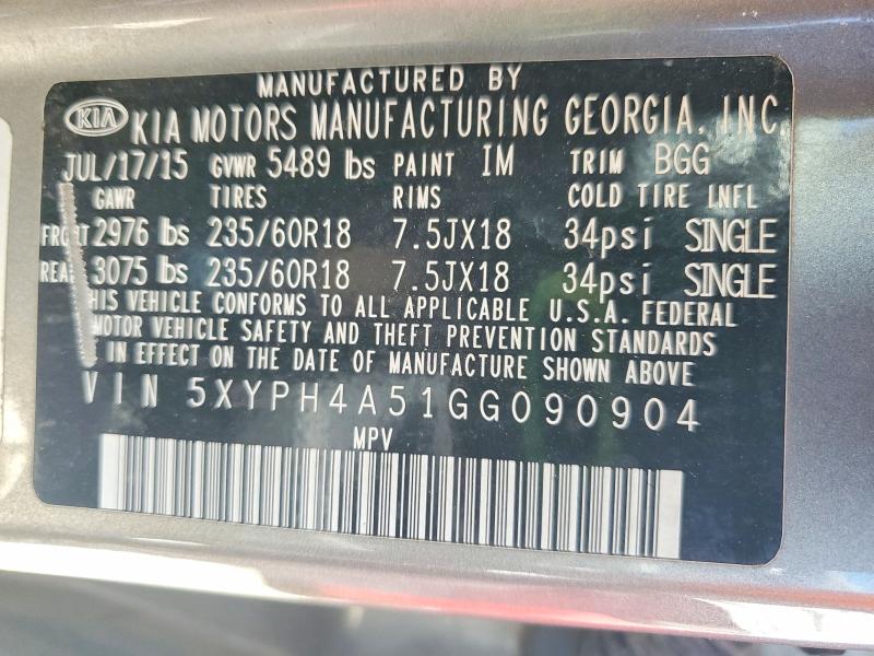 61705016 :رقم المزاد ، 5XYPH4A51GG090904 vin ، 2016 Kia Sorento مزاد بيع