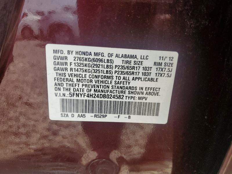 2013 Honda Pilot მანქანა იყიდება აუქციონზე, vin: 5FNYF4H24DB024582, აუქციონის ნომერი: 60236286