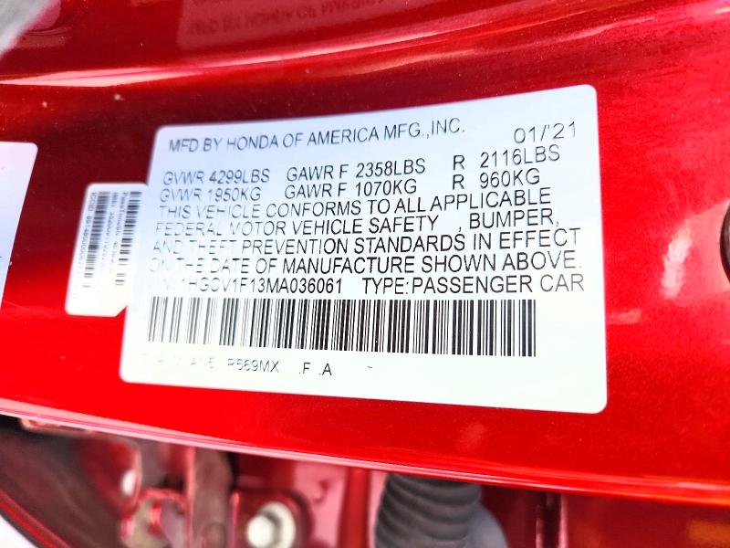Продаж на аукціоні авто 2021 Honda Accord, vin: 1HGCV1F13MA036061, номер лоту: 63235566
