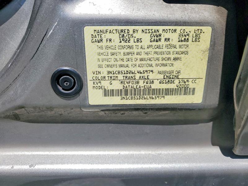 Aukcja sprzedaży 2006 Nissan Sentra, vin: 3N1CB51D26L465979, numer aukcji: 60157546