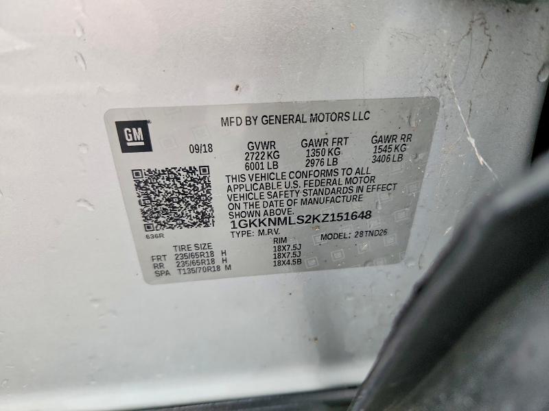 Aukcja sprzedaży 2019 Gmc Acadia, vin: 1GKKNMLS2KZ151648, numer aukcji: 62641356
